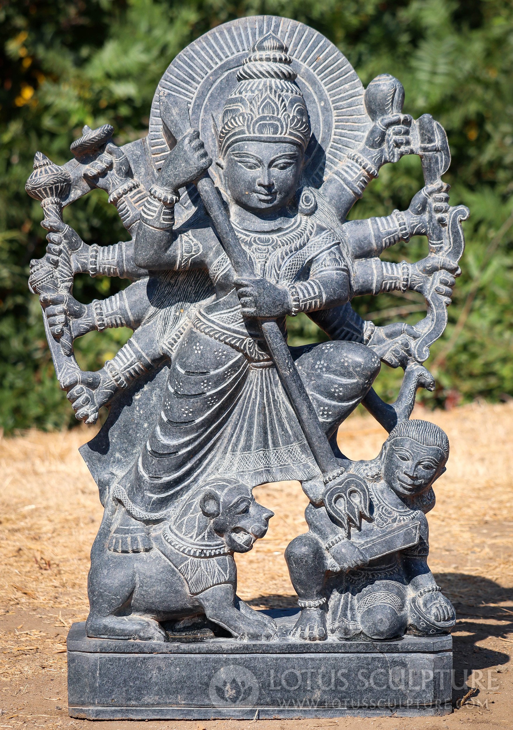 Durga the Buffalo Slayer - Granite Garden Statue Goddess with Lion and Mahisha Demon 35"